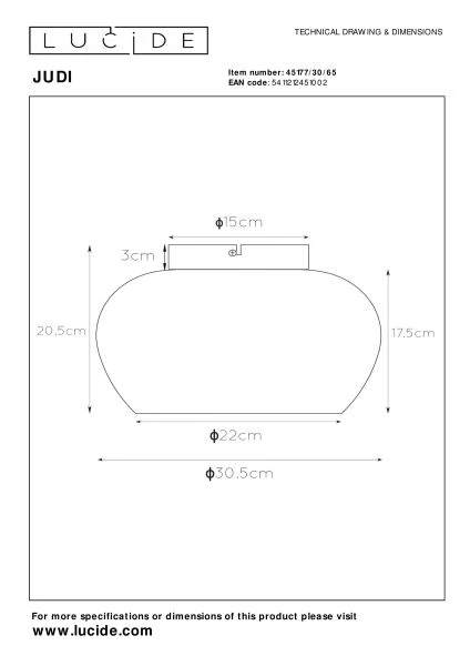 Lucide JUDI - Flush ceiling light - Ø 30,5 cm - 1xE27 - Smoke Grey - technical